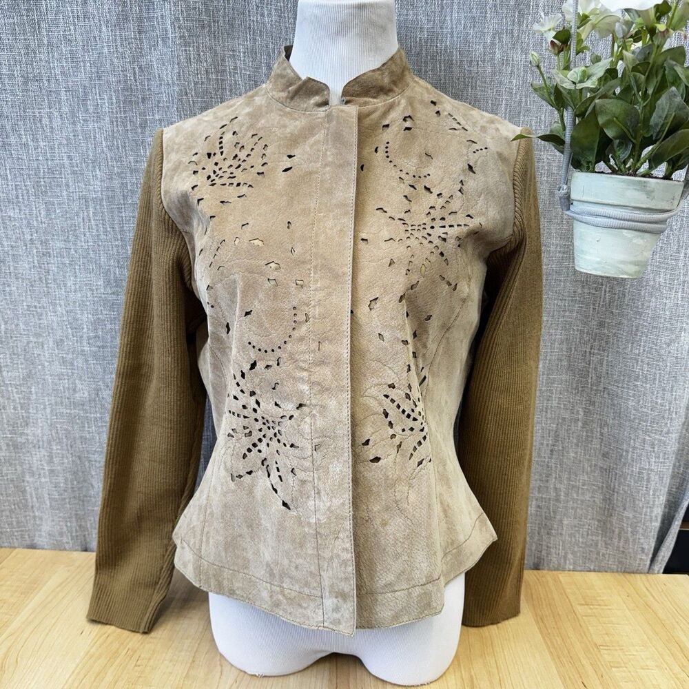 Coldwater Creek Leather Jacket Womens PM Petite Medium Tan Brown Laser Cut Suede